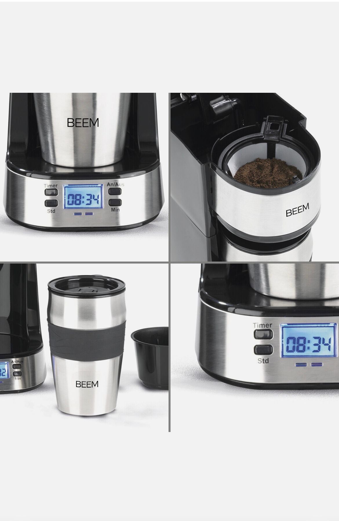 BEEM Macchina da caffè + Tazza Termica Single Cup Acciaio Inox To Go 750W Timer