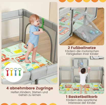 Box per bambini pieghevole 188 x 157 cm con materasso, canestro da basket, reti