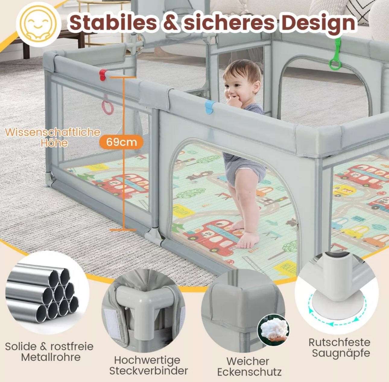 Box per bambini pieghevole 188 x 157 cm con materasso, canestro da basket, reti