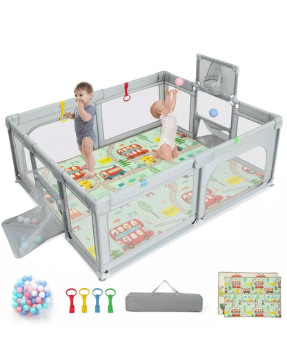 Box per bambini pieghevole 188 x 157 cm con materasso, canestro da basket, reti